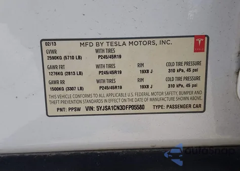 2013 Tesla Model S z USA, uszkodzony, nr VIN 5YJSA1CN3DFP05580